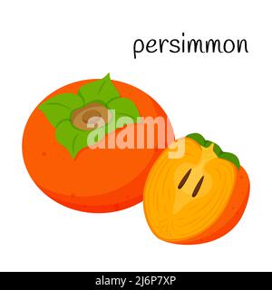 A whole persimmon fruit and a cut half with seeds and pulp. Exotic fruit icon. Flat design. Color vector illustration isolated on a white background Stock Vector