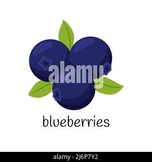 Blueberries with leaves. Three berries. Fruit, berry icon. Flat design. Color vector illustration isolated on a white background Stock Vector