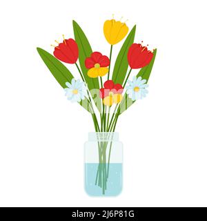 A bouquet of simple flowers of tulips and daisies in a transparent glass jar with water. Bright home decoration. Summer bouquet. Color vector illustra Stock Vector