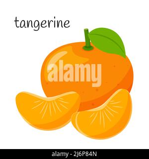 Whole tangerine with leaves and two slices next to each other. Fruit, berry icon. Flat design. Color vector illustration isolated on a white backgroun Stock Vector