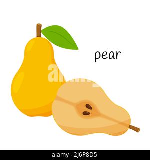 A whole fruit of a yellow pear and a cut half with seeds and pulp. Fruit icon. Flat design. Color vector illustration isolated on a white background Stock Vector