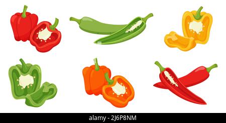 Set of sweet peppers. Whole peppers, halves with a sprig, and a quarter cut. Cut off half in a cross section. Food, vegetable in flat style. Isolated Stock Vector