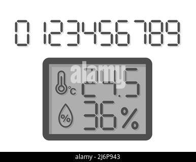 Display of an electronic device. Font with numbers from 0 to 9. Icons for temperature and humidity indicators. Hygrometer and thermometer. flat vector Stock Vector