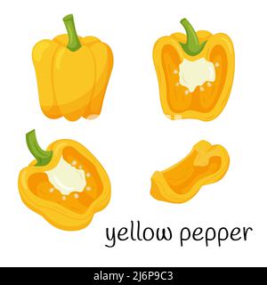 Fresh Yellow pepper. Whole, half in cross-section and a quarter slice. Ingredient, an element for the design of food packaging, recipes, and menus. Is Stock Vector