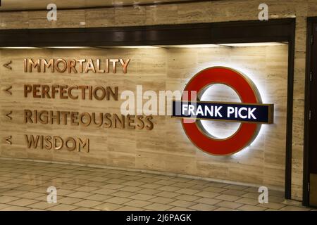 Frank Pick art installation of London underground roundel at Piccadilly Circus, London, UK 2022 Stock Photo