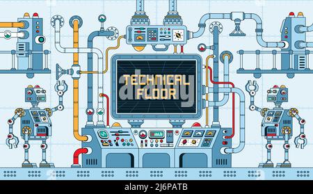 Technical room with control panels pipes and screen Stock Vector