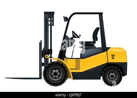 Forklift loading cargo pallet shipment at warehouse, freight industry warehouse logistics transport, side view of cargo loader, vector Stock Vector