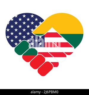Handshake symbol in the colors of the national flags of USA and Lithuania, forming a heart. The concept of peace, friendship. Flat vector illustration Stock Vector