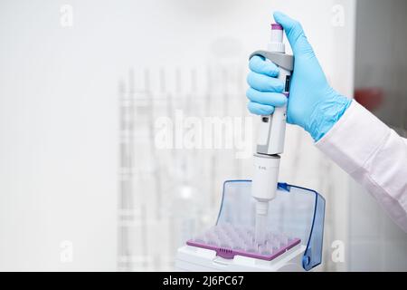 Close up scientist hand takes plastic tip for automatic pipette from the box for sample collection. Medical research laboratory. Stock Photo