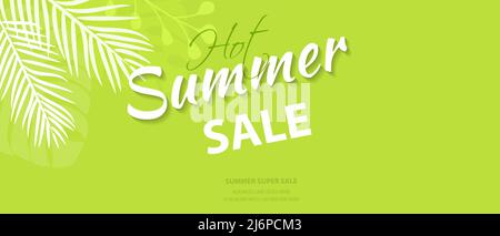 Horizontal banner with tropical leaves. Announcement of a new collection, discounts on it, summer sale. Vector Stock Vector