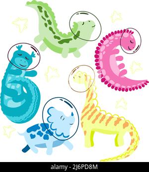 Set of cute dinosaur astronauts. Vector in cartoon style. Dinosaurs in space. Multicolored animals with stars on white background Stock Vector