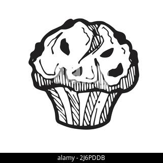 Baking cupcake with raisin streaks of cream. White sweet bread pastries. Ready dish. Food delicious. Hand drawing outline. Isolated on white Stock Vector