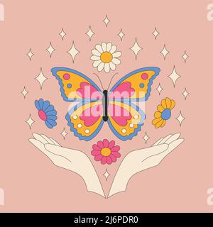 Retro daisies and sparkles on pink background. Stock Vector