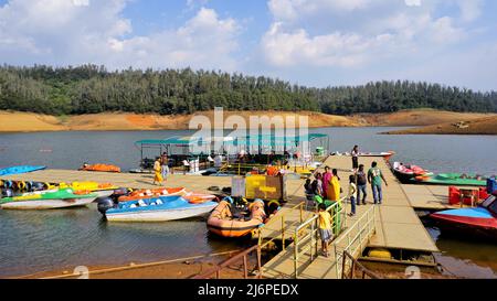 Ooty,Tamilnadu,India-April 30 2022: Boating in beautiful Pykara Lake, Ooty, Tamilnadu. Awesome experience for tourists. Stock Photo