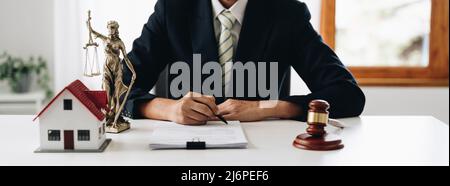 law concept, lawyer woman hoding pen with contract or agreement document to customer for signing in courtroom legal