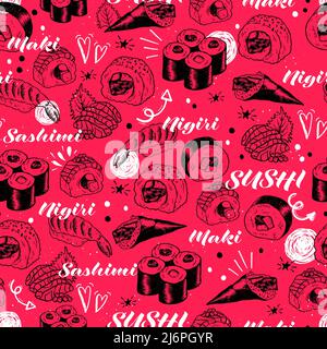 Beautiful hand drawn sushi seamless pattern, sketch design, doodle elements, great for textiles, banners, wallpapers, menus, background - vector desig Stock Vector