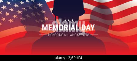 Memorial day cinematic vector background design, with soldier shadows and waving USA flag. Patriotic American army banner with Honoring All Who Served message. Stock Vector
