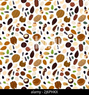 Cartoon nuts seamless pattern. Vegan superfood. Peeled or unpeeled walnuts. Pistachios and hazelnuts. Healthy nutrition. Food products. Pumpkin or Stock Vector