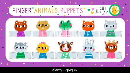 Finger puppets. Children theatre game. Cute animals. Creative abilities development. Stitched dolls. Stuffed mini toys. Funny muzzles and scissors cut Stock Vector