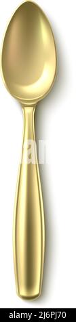 Golden spoon top view. Realistic metal cutlery Stock Vector