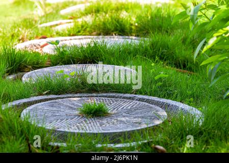 Close-up of leisure trail paved with stone mill on the lawn in the park Stock Photo