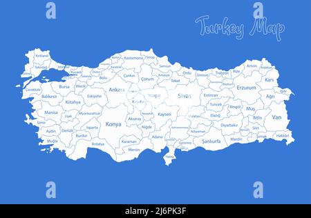 Turkey map, administrative divisions whit names regions, blue background vector Stock Vector