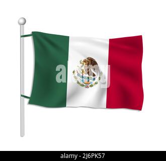 Mexico flag waves on a flagpole, white background vector Stock Vector