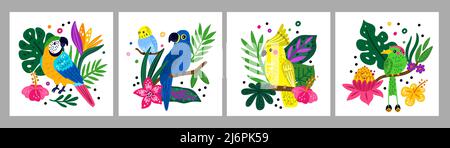 Tropical birds posters. Funny rainforest creatures. Bright parrots and jungle plants compositions. Exotic animals. Parakeet or macaw on palm branches Stock Vector