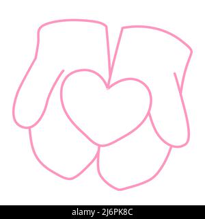 Heart in hands in mittens, line art illustration. Stroke, outline print. Gifts for Valentine Day, Mothers Day, Birthday, wedding. Love and winter Stock Vector