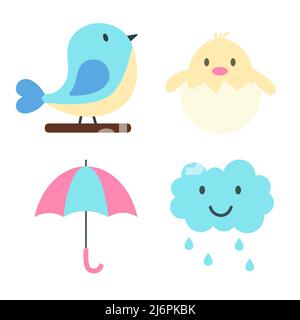 Set of spring elements. Blue bird, chick in egg, umbrella and smiling cloud with rain drops. Print for sticker pack, clothes, textile, seasonal design Stock Vector