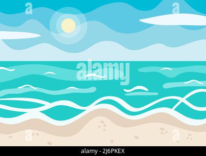 Seascape in cartoon flat style. Summer sunny day, beach and ocean illustration. Background for banner, logo, lettering, card, poster. Blue sky, sea Stock Vector