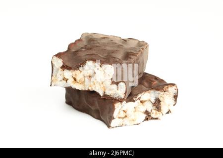 Two parts of chocolate covered rice cake snacks isolated on white background Stock Photo