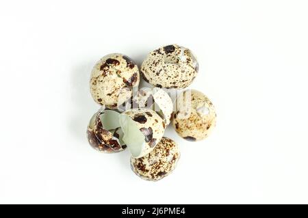 Group of crashed quail eggs isolated on white background. Empty egg shells Stock Photo