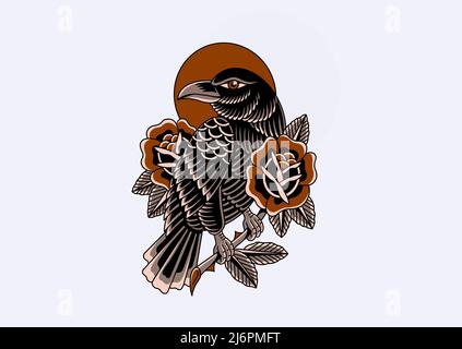Old school tattoo graphic design raven and roses Stock Photo - Alamy