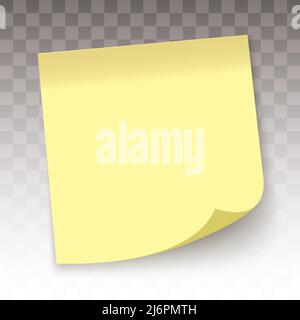 Yellow sticky note, isolated on a transparent background. Memo sticker realistic vector mockup. Stock Vector