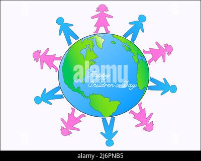illustration of kids around globe and happy childrens day lettering on white,stock illustration Stock Vector