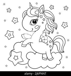 funny little unicorn pony with stars, a coloring Stock Vector Image ...