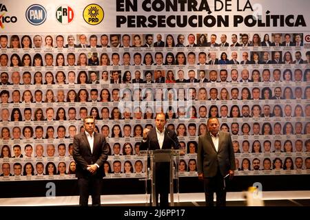 May 2, 2022, Mexico City, Mexico City, Mexico: Leads of the National Action Party Marko CortÃ©s, of the Institutional Revolutionary Party Alejandro Moreno CÃ¡rdenas and the Democratic Revolution Party JesÃºs Zambrano during a press conference denounce political persecution against legislators, journalists and dissidents to the regime of Mexico's President AndrÃ©s Manuel LÃ³pez Obrador. On May 2, 2022 In Mexico City, Mexico. (Credit Image: © Luis Barron/eyepix via ZUMA Press Wire) Stock Photo