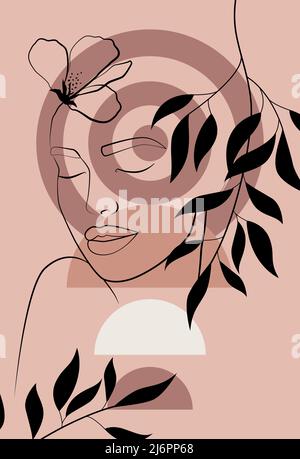 A woman's face. One line drawing the face and hair. Abstract female portrait. The modern art of minimalism. Stock Vector