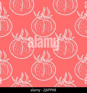 Sketch white tomatoes on red background seamless pattern. Model with vegetables hand engraved. Vintage template organic food vector illustration Stock Vector