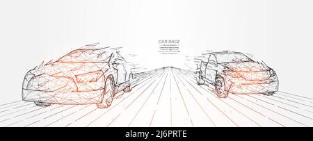 Polygonal car racing vector illustration isolated on light background. Two cars are moving fast on the road. Creative vehicle banner or template. Stock Vector