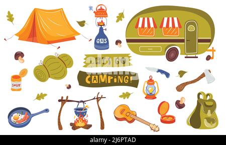 https://l450v.alamy.com/450v/2j6ptad/tourists-equipment-and-travel-accessories-vector-set-forest-camping-and-hiking-flat-elements-equipment-for-hiking-outdoor-adventure-camp-and-2j6ptad.jpg