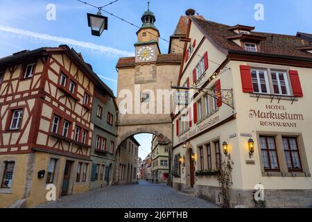 Rothenburg ob der Tauber, Bavaria, Germany - 04.11.2022: beautiful architecture of romantic Rothenburg ob der Tauber with timbered Fachwerkhaus syle h Stock Photo