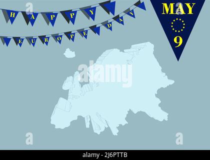 Europe Day 9th May. Europe Map an Flag Concept. Vector Background design, banner, poster or card with flags and lettering. Peace and unity in Europe c Stock Vector