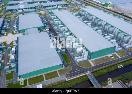 Drone  aerial view of new Microsoft datacenters . The huge buildings are located along highway A7 in the province Noordholland near Wieringerwerf Stock Photo