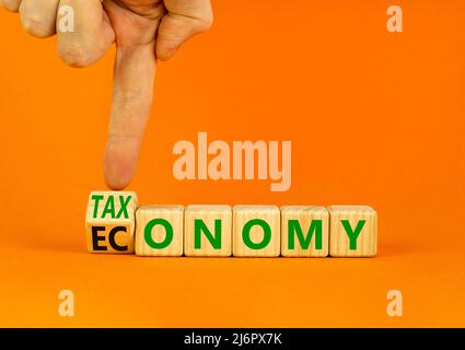 Taxonomy or economy symbol. Businessman turns wooden cubes and changes the concept word Economy to Taxonomy. Beautiful orange background. Business eco Stock Photo
