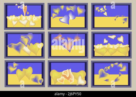 abstract painting in blue and yellow with hearts Stock Vector
