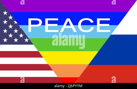 Peace Rainbow flag between USA and Ukraine flags Stock Photo