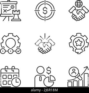 Business activities pixel perfect linear icons set Stock Vector