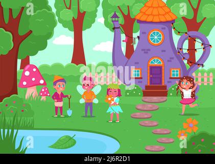 Fantasy house illustration. Little magic teapot home with funny habitants, fabulous forest glade, cute elves and fairies, tiny boys and girls near Stock Vector